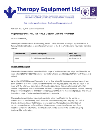 0-15LPM Diamond Flowmeter Urgent Field Safety Notice 