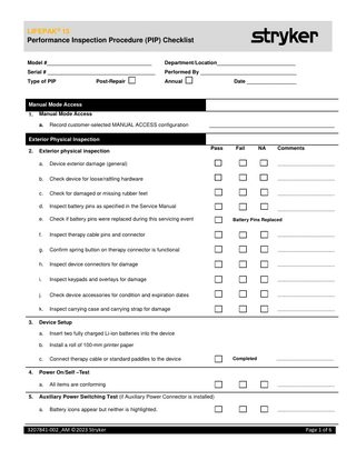 LIFEPAK 15 Performance Inspection Procedure Checklist (PIP)