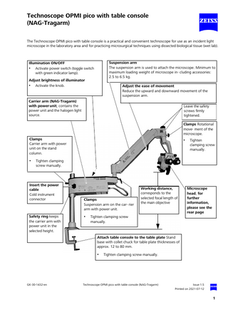 OPMI pico technoscope with table console Quick Guide Issue 1.5 July 2021