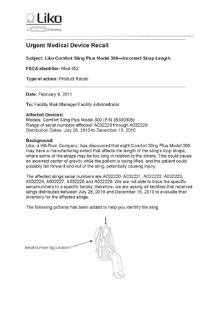 Comfort Sling Plus Model 300 Urgent Medical Device Recall Feb 2011