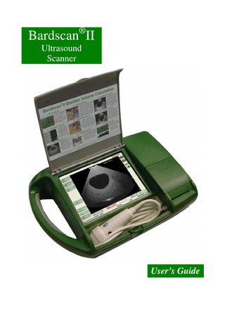 Bardscan®II User’s Guide  Table of Contents Explanation of Symbols ...2 Table of Contents ...3 Important Information...4 Installation...6 Scanning Procedure...7 Mode Selection ...8 Other Controls...9 Display Layout...10 Start Scanning ...12 Patient Details ...16 Manage Images ...19 Setup...21 Settings...22 General Device Care ...23 Cleaning ...25 Warnings and Precautions...27 Technical Issues ...28 Trouble Shooting...29 Warranty...30 Technical specifications of the scanner ...32  Page 3 of 36  