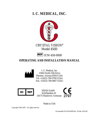 Table of Contents LIMITED WARRANTY: ... III IMPORTANT SAFEGUARDS AND NOTICES ... IV GENERAL WARNINGS ... V GENERAL CAUTIONS ... V SPECIFICATIONS ... 1 INSTALLATION/OPERATIONS INSTRUCTIONS ... 3 FILTERS AND POWER CORD INSTALLATION: ... 4 ESU SENSOR INSTALLATION: ... 4 LASER SENSOR INSTALLATION ... 5 CHECK PROPER OPERATION OF THE CRYSTAL VISION® ... 7 DESCRIPTION OF SWITCHES, CONTROL BUTTONS & INDICATORS ... 9 LAPAROSCOPIC OPERATION ... 13 NON-LAPAROSCOPIC GYNECOLOGY PROCEDURES: ... 15 OTHER NON-LAPAROSCOPIC PROCEDURES: ... 16 THEORY OF OPERATION ... 18 PNEUMATIC CIRCUITS ... 18 ELECTRONIC CIRCUITS ... 18 START PUMP: ... 18 STOP PUMP: ... 18 TIME SETTING: ... 18 FLOW SETTING: ... 19 OPEN MODE: ... 19 LAP MODE: ... 19 TROUBLE SHOOTING GUIDE ... 20 PREVENTIVE MAINTENANCE... 22 CLEANING INSTRUCTIONS: ... 22 CRYSTAL VISION® PARTS/ORDER INFORMATION ... 23 HOSPITAL LEVEL CALIBRATION INSTRUCTIONS ... 24 i
