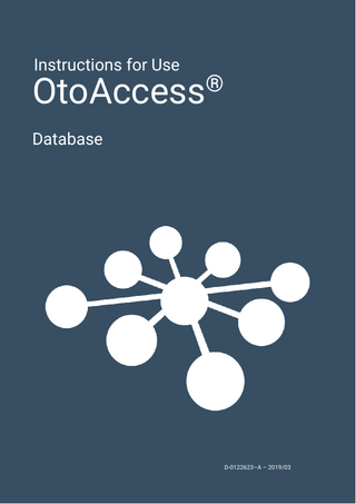 Table of Contents 1  Introduction ...1 1.1 1.2  2  Precautions ...2 2.1 2.2 2.3 2.4  3  Secure communication ... 2 Store backup safely ... 2 Security and access to data. ... 3 Default credentials ... 3  Hardware and software requirements ...4 3.1 3.2 3.3 3.4 3.5 3.6 3.7 3.8 3.9  4  About this Manual ... 1 Intended use of OtoAccess® Database ... 1  .NET Framework ... 4 Windows PowerShell ... 4 Hard disk ... 4 Monitor... 4 Memory ... 4 Processor speed ... 4 Operating system support ... 4 SQL server support... 4 Using secure connections ... 5  Installation instructions ...6 4.1 Setup ... 6 4.1.1 Installation type... 7 4.1.1.1 Client only ... 8 4.1.1.2 Standalone installation ... 8 4.1.1.3 Server installation ... 9 4.1.2 Administration... 9 4.1.3 UAC (User Account Control) ... 9 4.1.4 Progress ... 10 4.1.5 Finish ... 11 4.2 Removing the product ... 11 4.2.1 Modify ... 12 4.2.2 Re-install the product ... 12 4.3 Network access ... 12 4.3.1 Basic connection ... 13 4.3.2 Check firewall exceptions ... 13 4.3.3 Check Services ... 14  5  Data migration From OtoAccess® V1.x to OtoAccess® Database ...15  6  OtoAccess® database user manual ...21 6.1 User interface ... 21 6.1.1 The menu bar and toolbar ... 22 6.1.2 Side panel ... 23 6.1.3 Create patient and patient list ... 24 6.1.4 Patient demographics ... 26 6.1.5 Session preview ... 26 6.1.6 Session list ... 27 6.1.7 Description ... 28 6.2 OtoAccess® database administration ... 29 6.2.1 General settings ... 30  