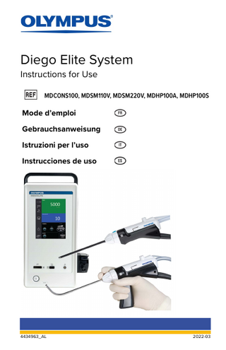 Diego Elite System Instructions for Use  Table of Contents  Table of Contents 1 Labels ...1 2 Package Contents... 2 2.1 Available Reusable Equipment... 4 2.2 Available Disposables... 4  3 Important Information... 6 3.1 3.2 3.3 3.4 3.5  Indications for Use... 6 Contraindications For Use ... 6 Serious Incident Reporting Process ... 6 Instruction Manual ... 6 User Qualification ...7  3.5.1 Repair and Modification ...7  3.6 Symbols Used in this Document...7  4 Warnings and Cautions ... 8 4.1  General Warnings And Safety Notices... 8  4.1.1 User-Related Error Prevention ... 8 4.1.2 Environmental Conditions ...10 4.1.3 Accessories... 10 4.1.4 Electric Shock ...11 4.1.5 Burns... 12 4.1.6 Fire / Explosion ... 14 4.1.7 Procedural Hazards and Complications ... 14  4.2 Additional Safety Information ...16  4.2.1 Malleable Tonsil / Adenoid Blade... 21 4.2.2 Image Guidance System (IGS) ... 22  5 Nomenclature and Functions ... 23 5.1 5.2 5.3 5.4 5.5 5.6 5.7  Console... 23 Footswitch ... 24 Handpiece... 24 Disposable Blade and Tubeset Features... 25 Declog Tubeset Features... 26 Suction Module... 27 Touch Screen ... 28  5.7.1 Home Screen ... 28  5.8 Settings Menu... 29  6 Installation and Setup ... 30  6.1 Installation of System ... 30 6.2 Connecting Console to an AC Mains Power Supply ... 31 6.3 Menu / Settings... 33  6.3.1 Languages ... 34 6.3.2 Software Version ... 35 6.3.3 Touch Tone... 36 6.3.4 Service ... 36  6.4 Connection of Peripheral Equipment ...37  6.4.1 Touch Screen / Power ...37  6.5 Connection of Footswitch... 38 4434963_AL  i  