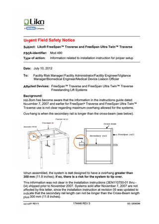 FreeSpan Traverse and FreeSpan Ultra Twin Urgent Field Safety Notice July 2012