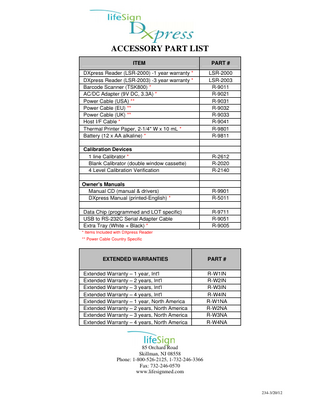 DXpress Reader Accessory Parts List March 2012