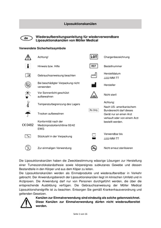 Liposuktionskanülen  de  Wiederaufbereitungsanleitung für wiederverwendbare Liposuktionskanülen von Möller Medical  Verwendete Sicherheitssymbole Achtung!  Chargenbezeichnung  Hinweis bzw. Hilfe  Bestellnummer  Gebrauchsanweisung beachten  Herstelldatum JJJJ-MM-TT  Bei beschädigter Verpackung nicht verwenden  Hersteller  Vor Sonnenlicht geschützt aufbewahren  Nicht steril  Temperaturbegrenzung des Lagers  Trocken aufbewahren Konformität nach der Medizinprodukterichtlinie 93/42 EWG  Achtung: Nach US- amerikanischem Bundesrecht darf dieses Gerät nur an einen Arzt verkauft oder von einem Arzt bestellt werden.  Verwendbar bis  Stückzahl in der Verpackung  JJJJ-MM-TT  Zur einmaligen Verwendung  Nicht erneut sterilisieren  Die Liposuktionskanülen haben die Zweckbestimmung wässrige Lösungen zur Herstellung einer Tumeszenzlokalanästhesie sowie körpereignes subkutanes Gewebe und dessen Bestandteile in den Körper und aus dem Köper zu leiten. Die Liposuktionskanülen werden als Einmalprodukte und wiederaufbereitbar in Verkehr gebracht. Der Anwendungsbereich der Liposuktionskanülen liegt im klinischen Umfeld und in Arztpraxen. Die Anwendung darf nur von Personen durchgeführt werden, die über die entsprechende Ausbildung verfügen. Die Gebrauchsanweisung der Möller Medical Liposuktionshandgriffe ist zu beachten. Entsorgen Sie gemäß Krankenhausverordnung und geltenden Gesetzen. Kanülen zur Einmalverwendung sind eindeutig als solche gekennzeichnet. Diese Kanülen zur Einmalverwendung dürfen nicht wiederaufbereitet werden. Seite 1 von 16  