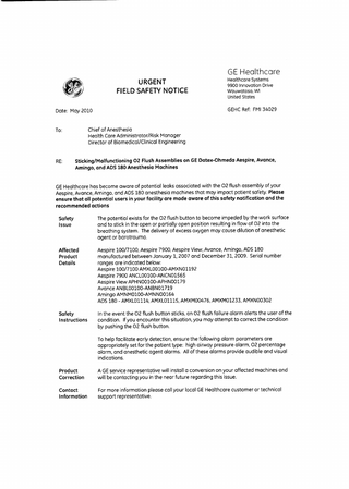 Aespire -Avance-Amingo and ADS180  Urgent Field Safety Notice May 2010