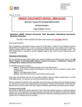 Alaris System PC Unit Model 8000 and 8015 Urgent Field Safety Notice Rev 1 Feb 2020