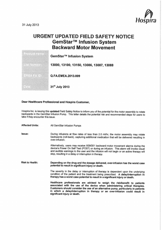 Gemstar Urgent Field Safety Notice July 2013