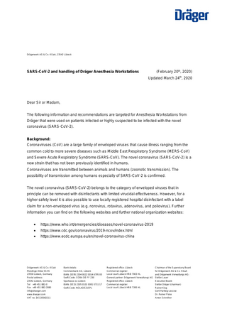 SARS CoV 2 and Handling of Dräger Anesthesia Workstations Updated March 2020