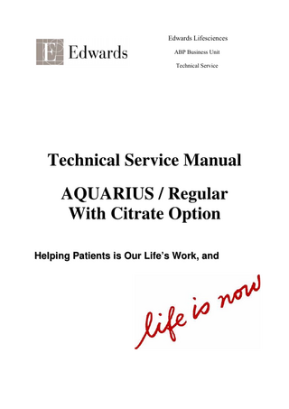 Service document Aquarius Contents  Page 3 of 237  1.Table of Contents 1.Table of Contents... 3 2.General Overview ... 8 2.1.  Fast View... 8  2.2.  General Machine Description... 9  2.3.  Technical Data ... 10  2.4.  Aquarius Component Specifications ... 11  2.5.  Functional Description of subsystems... 13  2.6.  Front View... 17  2.7  Right Side View ... 18  2.8  Left Side View... 19  2.9  Housing Back Side View ... 20  2.10  Housing In Cut A-A ... 21  2.11.  Housing in Cut B-B ... 22  2.12.  Monitor Back View... 23  2.13.  Monitor Housing Inside View ... 24  Aquarius RCA / Citrate Service Manual Doc. Nr. EU-F2007/02 Rev. B  Version 6.Citrate Released: 29.08.08  