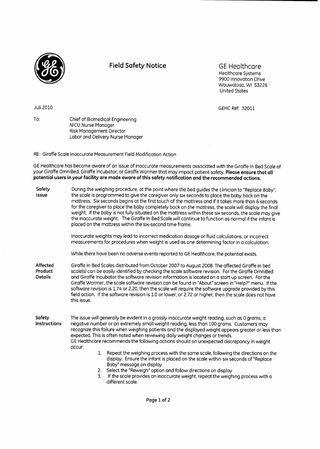 Giraffe OmniBed , Incubator and Warmer Field Safety Notice July 2010