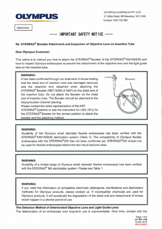 STERRAD Booster Attachment of Objective Lens on Insertion Tube Safety Notice Ver 04 March 2010