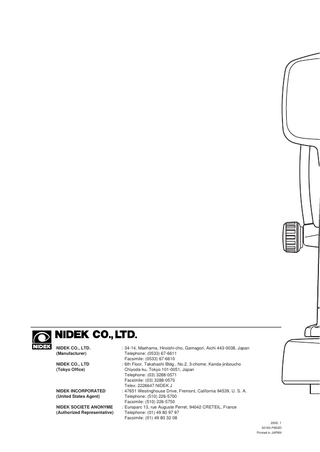 Table of Contents  §1 INTRODUCTION ...Page 1-1 1.1 Outline of the Device ... 1-1 1.2 Indications for Use ... 1-1 1.3 Classifications ... 1-1 1.4 Symbol Information ... 1-3  §2 SAFETY ... 2-1 2.1 Cautions in Storage, Transportation and Installation ... 2-1 2.2 Connecting the Device to a Wall Outlet and Handling the Power Cord ... 2-4 2.3 Cautions during Use ... 2-5 2.4 Maintenance ... 2-9 2.5 Disposal ... 2-9 2.6 Labels ... 2-10  §3 CONFIGURATION ... 3-1 §4 OPERATING PROCEDURES ... 4-1 4.1 Operation Flow ... 4-1 4.2 Auto-Off Mode ... 4-1 4.3 Preparation for Measurement ... 4-2 4.4 AR (refractive error), KM (corneal curvature radius) Measurements ... 4-6 4.4.1 When both auto-tracking and auto-shot are ON ... 4-6 4.4.2 When both auto-tracking and auto-shot are OFF ... 4-14 4.4.3 When auto-tracking is ON and auto-shot is OFF ... 4-16 4.5 CS (Corneal Size) Measurement ... 4-17 4.6 PS (Pupil Size) Measurement ... 4-19 4.7 PD (Pupillary Distance) Measurement ... 4-21 4.8 Measuring Sagittal Radius ... 4-23  §5 PRINTOUT ... 5-1 5.1 Printing Measured Data ... 5-1 5.2 Eyeprint ... 5-4  §6 DATA TRANSFER USING EYE CARE CARD SYSTEM ... 6-1 6.1 Writing Measured Data to the Eye Care Card ... 6-1 6.2 Importing LM Data to be Used for the View Comparison Function ... 6-3 6.3 Erasing Data on the Eye Care Card ... 6-4  §7 ENTERING PATIENT ID USING BARCODE SCANNER ... 7-1 7.1 Connecting the Barcode Scanner ... 7-1 7.2 Reading a Patient ID ... 7-2  