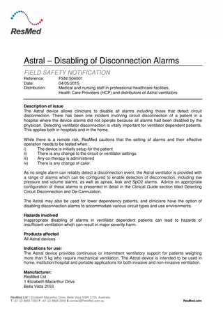 Astral Ventilators Field Safety Notification May 2015