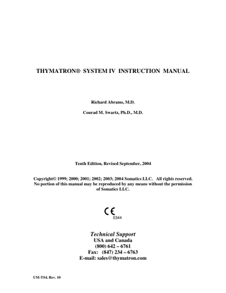 TABLE OF CONTENTS TOPIC PAGE Specifications……………………………………………. 3 Indications for Use ………………………………………4 Installation………………………………………………. 5 Operating Instructions…………………………………. 5 Percent Energy Dial……………………………………. 6 Safety Monitor Test…………………………………….. 7 FlexDial™ Operation………………………………….. 8 FlexDial™ Model Procedure………………………….. 9 FlexDial™ Flow Chart...11 Paper Loading Instructions……………………………. 12 Monitoring Electrodes Application……………………. 13 Stimulus Electrodes Application………………………. 16 Impedance Test…………………………………………. 17 Baseline EEG Collection……………………………….. 18 Stimulus Dose Selection………………………………... 19 Stimulus Programs, Factory Programmed…………… 19 Treatment Stimulus Administration………………….. 23 Seizure Monitoring, EEG……………………………… 23 Ictal Line™ Indicator………………………………….. 24 Gain and Position Settings…………………………….. 25 Change EEG Gain Rapidly…………………………….. 26 Seizure Quality Measures……………………………… 26 Anesthesia Depth Monitoring………………………….. 27 Printer Paper Speed……………………………………. 27 User Specified FlexDial™ Selections…………………. 28 Reset to Factory Specifications……………………….. 28 Transferring Data to PC………………………………. 29 Input Hospital’s Name………………………………… 29 Upload Treatment Data……………………………….. 30 Monitor EEG/ECG/EMG on PC……………………… 31 Reprint Last Treatment……………………………….. 33 Set Date and Time……………………………………… 33 Table 1, Standard Dose Parameters………………….. 34 Table 2, Double Dose Parameters…………………….. 47 Addendum I, Software Updates………………………. 50 EC Declaration of Conformity………………………… 51 Index…………………………………………………….. 52 2