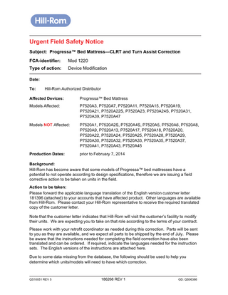 Progressa Bed Mattress Urgent Field Safety Notice March 2014