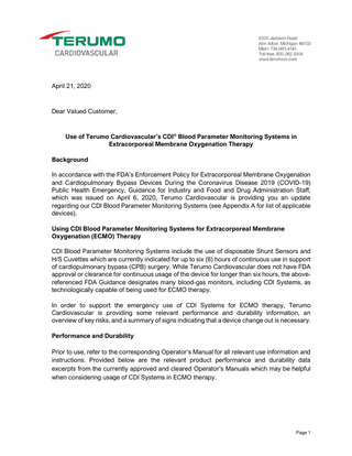 CDI Blood Parameter Monitoring Systems in ECMO Therapy Notification April 2020