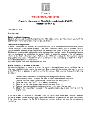 Heart Reference System (HRS) model number EVHRS Urgent Field Safety Notice 