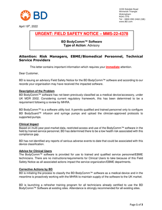 BD BodyComm Software Urgent Field Safety Notice Utility Tool April 2022 