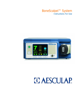Instructions For Use  BoneScalpel™  Table of Contents 1. General Safety Statements...3 1.1. EMC Statement ... 3 1.2. Electrical Safety Statement ... 6 1.3. Environmental Statement ... 6 1.4. Summary Of Safety Notices ... 7 1.5. Trademark Information ... 10 1.6. Explanation Of Symbols... 11 2. Indications And Contra Indications ...12 2.1. Indications... 12 2.2. Contra Indications ... 12 3. Adverse Effects...13 4. Considerations During Clinical Use ...14 4.1. HARD Tissue Use... 15 4.2. SOFT Tissue Use ...Error! Bookmark not defined. 5. System Overview...17 5.1. Principle Of Operation ... 17 5.2. Reusable System Components ... 18 5.3. Single-use, Sterile Components ... 19 6. Console ...21 6.1. Receptacles, Controls And Indicators ... 21 6.2. Menu Functions ... 22 6.3. Main Functions ... 24 6.4. Alerts And Alarms ... 26 7. System Set-up ...28 7.1. Installation ... 28 7.2. Console Set-up – Part I (Non-sterile) ... 29 7.3. Handpiece Assembly (Sterile)... 29 7.4. Console Set-up – Part II (Non-sterile) ... 30 7.5. Perform System Check ... 32 8. Handpiece Assembly And Disassembly By Application ...33 8.1. Handpiece Assembly - HARD Tissue Use ... 33 8.2. Handpiece Disassembly - HARD Tissue Use ... 35 8.3. Handpiece Assembly - SOFT Tissue Use ...Error! Bookmark not defined. 8.4. Handpiece Disassembly - SOFT Tissue Use ...Error! Bookmark not defined. 9. Cleaning And Sterilization ...37 9.1. Disassembly... 37 9.2. Cleaning... 37 9.3. Sterilizing By Steam Autoclave ... 39 9.4. Expected Life, Reusable Components... 39 9.5. Deviations From Decontamination, Cleaning And Sterilization Instructions... 40 10. Troubleshooting ...41 11. Specifications ...44 12. Service, Repair And Technical Correspondence ...45 12.1. Fuse Replacement ... 45 12.2. Pump Head Replacement ... 46 12.3. Repair, Service and Replacement Parts ... 46 12.4. Important Notice ... 47  SOP-AIC-5000808 Rev2 BCA-UM RevD  Page 2 of 47  
