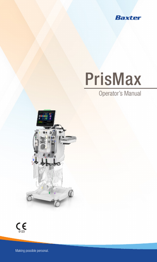 Table of contents - 3 PrisMax overview 5 Powering on/off | User interface | System configuration | Cleaning | Maintenance and testing PrisMax operating instructions 39 Selecting the treatment | Connecting sets and fluids | Priming and connecting the patient | Running the treatment | Stopping the treatment Alarms and troubleshooting 91 Alarms | Troubleshooting General information 171 About the general information | Warnings, cautions and notes | Indication for use | Contraindications | Keywords used in this manual | Responsibility and disclaimer | Symbols | Color coding | Certification marks | Installation, service and transport | Disposal Therapies 193 About the therapies | Abbreviations | Pressure handling (all therapies) | Continuous Renal Replacement Therapies (CRRT) | Therapeutic Plasma Exchange (TPE) Device description 233 Control unit functions | Flow path management | Fluid management | Air management | Anticoagulation | Components | Control unit | Power control panel | Pumps | Left side panel and drip tray | Pressure sensors and deaeration chamber holder | Pinch valves, return clamp and detectors | Front scales | Miscellaneous components | Back panel | Remote screen viewing | On device training AW8035 Rev B JUN2019 Program version: 2.XX