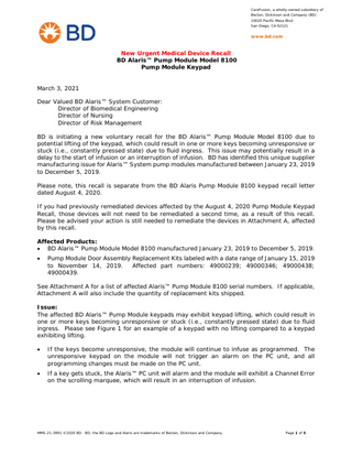 Alaris Pump Module 8100 New Urgent Medical Device Recall March 2021