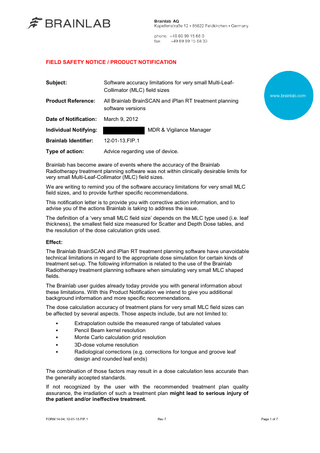 BrainSCAN and iPlan RT Field Safety Notice Product Notification March 2012