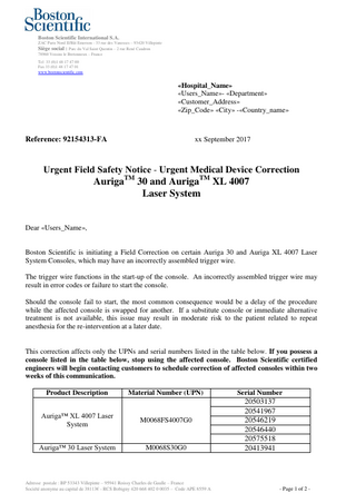 Auriga 30 and Auriga XL 4007 Urgent Field Safety Notice Sept 2017