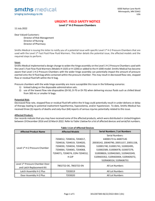 LEVEL1 Systems Urgent Field Safety Notice Pressure Chamber issue July 2022