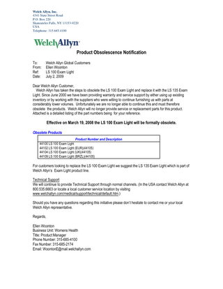 LS 100 Diagnostics Light  Product Obsolescence Notification and End of Parts Letter  July 2009