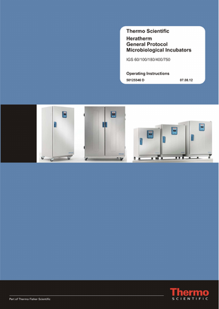 © 2012 Thermo Fisher Scientific Inc. All rights reserved.  These operating instructions are protected by copyright. Rights resulting thereof, particularly reprint, photomechanical or digital postprocessing or reproduction, even in part, are only allowed with the written consent of Thermo Fisher Scientific. This regulation does not apply to reproductions for in-plant use. The contents of this operating instructions manual may change at any time and without any prior notice. In case of conflicting translations into foreign languages the German-language version of these operating instructions shall be binding. Trademarks Heratherm™ is a registered trademark of Thermo Scientific. Thermo Scientific is a brand owned by Thermo Fisher Scientific, Inc. All other trademarks mentioned in the operating instructions are the exclusive property of the respective manufacturers. Thermo Fisher Scientific Robert-Bosch-Straße 1 D - 63505 Langenselbold Germany Thermo Electron LED GmbH is an affiliate to: Thermo Fisher Scientific Inc. 81 Wyman Street Waltham, MA 02454 USA Thermo Fisher Scientific Inc. provides this document to its customers with a product purchase to use in the product operation. This document is copyright protected and any reproduction of the whole or any part of this document is strictly prohibited, except with the written authorization of Thermo Fisher Scientific Inc. The contents of this document are subject to change without notice. All technical information in this document is for reference purposes only. System configurations and specifications in this document supersede all previous information received by the purchaser. Thermo Fisher Scientific Inc. makes no representations that this document is complete, accurate or error-free and assumes no responsibility and will not be liable for any errors, omissions, damage or loss that might result from any use of this document, even if the information in the document is followed properly. This document is not part of any sales contract between Thermo Fisher Scientific Inc. and a purchaser. This document shall in no way govern or modify any Terms and Conditions of Sale, which Terms and Conditions of Sale shall govern all conflicting information between the two documents.  ii  Heratherm  Thermo Scientific  