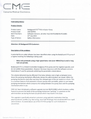 Bodyguard 575 PCA System Field Safety Notice July 2015