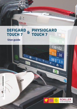 DEFIGARD/PHYSIOGARD Touch 7  User guide  Table of Contents 1  Safety notes ... 9  1.1  User profiles... 9  1.2  Intended Use ... 9  1.3  Contraindication for use ... 10  1.4  Responsibility of the User ... 11  1.5  Organisational Measures ... 11  1.6  Safety-Conscious Operation ... 12  1.7  Operation with other Devices ... 13  1.8  Maintenance... 13  1.9  Hygiene... 14  1.10  Networks and Internet ... 14  1.11  Additional Terms ... 15  Art. no.: 0-48-0227 Rev.: g  1.11.1 Implied Authorisation... 15 1.11.2 Terms of Warranty ... 15  1.12  Display Symbols/Indicators... 16  1.12.1 1.12.2 1.12.3 1.12.4  Symbols Used in this User Guide ... 16 Symbols used on the device ... 17 Symbols Used on the Batteries... 18 Symbols Used on the Electrode Package... 19  2  Components and Operation ... 20  2.1  Design... 20  2.1.1 2.1.2  Standard unit and options ... 21 Additional accessories ... 21  2.2  Operating Elements... 22  2.2.1 2.2.2 2.2.3 2.2.4 2.2.5  Front panel DEFIGARD®Touch 7 ... 22 Front panel PHYSIOGARD®Touch 7... 23 Back Panel ... 24 LEDs ... 24 Display ... 25  3  Initial Operation ... 26  3.1  External DC supply and Battery Operation ... 26  3.1.1 3.1.2 3.1.3 3.1.4 3.1.5 3.1.6  External DC Supply Operation ... 26 Battery Operation ... 27 Operation with external constant voltage source ... 28 Operation ambulance charging bracket ... 29 Operation of the desktop charging bracket ... 29 Operation and fixing during intervention ... 30  3.2 31  Switching off and disconnecting from the external DC supply  3.2.1 3.2.2 3.2.3 3.2.4  Lock Touch screen... 31 Internal safety discharge ... 31 Interruption of external power supply ... 31 Ensuring Operational Readiness ... 32  3.3  Operation... 33  3.4  Printing ... 34  3.4.1 3.4.2  Pairing Bluetooth devices... 34 Brother Printer Overview... 34 Page 3  