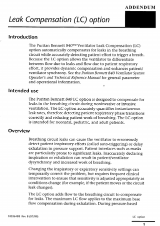 800 Series Ventilator System Operator’s Manual Addendum Rev A Leak Compensation option