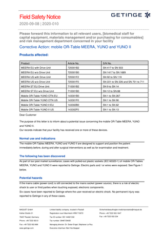 MEERA, YUNO and YUNO II OR Tables Field Safety Notice Sept 2020