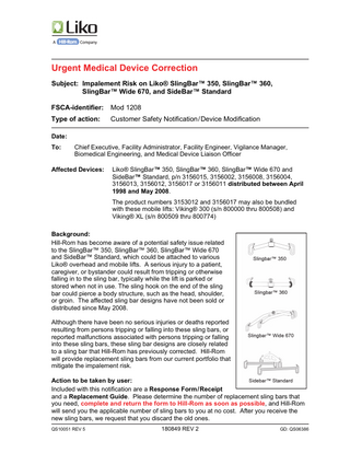 Slingbar and Sidebar Urgent Medical Device Correction Nov 2013