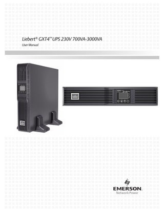 TABLE OF CONTENTS IMPORTANT SAFETY PRECAUTIONS...1 GLOSSARY OF SYMBOLS...3 1.0 PRODUCT DESCRIPTION...4 1.1 Features... 4 1.2 Available Models... 4 1.3 Appearance and Components... 5 1.3.1 1.3.2 Appearance... 5 Rear Panel Features... 5 1.4 Major Components... 7 1.5 Operating Mode... 8 1.5.1 1.5.2 1.5.3 1.5.4 1.5.5 1.5.6 Mains Mode... 8 Manual Bypass Mode... 8 Battery Mode... 9 Battery Recharge Mode... 9 Frequency Converter Mode... 9 Active ECO Mode... 9 2.0 INSTALLATION... 10 2.1 Unpacking and Inspection... 10 2.2 What’s Included... 10 2.3 Preparation for Installation... 10 2.3.1 2.4 Mechanical Installation... 11 2.4.1 2.4.2 2.5 Tower Installation... 11 Rack Installation... 12 Cable Connection... 12 2.5.1 2.5.2 2.6 Installation Environment... 10 Connecting to AC Mains and Loads... 12 Connecting Battery Cables... 14 Connecting Communication Cables... 14 2.6.1 2.6.2 Connecting USB Communication Cables... 14 Installing the Optional Liebert IntelliSlot® Card and Communication Cables... 14 3.0 OPERATION AND DISPLAY PANEL... 15 3.1 LED Indicators... 15 3.2 Control Buttons... 16 3.3 LCD... 16 3.4 Menu Structure... 17 3.4.1 3.4.2 3.4.3 3.4.4 3.4.5 3.4.6 4.0 Startup Screen... 18 Default Screen... 19 Main Menu Screen... 19 Prompt List... 29 Warning List... 29 Fault List... 30 OPERATION...31 i
