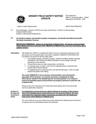 Giraffe series Urgent Safety Field Notice Update Nov 2021 - Patient Falls