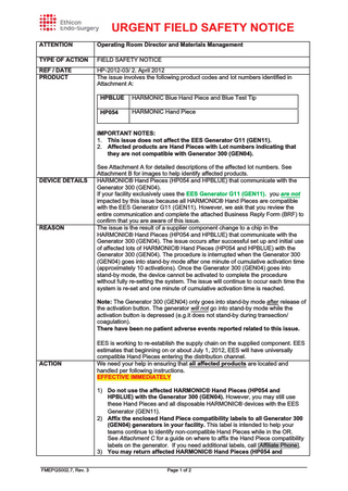 HARMONIC Hand Pieces HP054 and HPBLUE Urgent Field Safety Notice April 2012