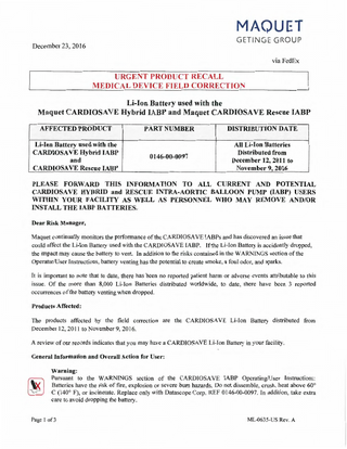 CARDIOSAVE Hybrid and Rescue IABP Urgent Product Recall Medical Device Field Correction Dec 2016