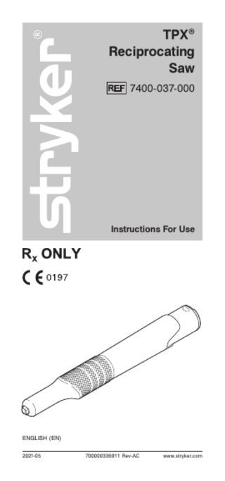 TPX Reciprocating Saw Instructions for Use Rev AC May 2021