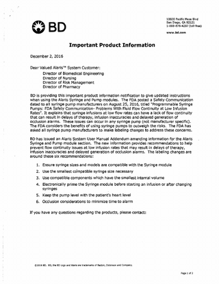 Alaris System Important Product Information Notification Dec 2016