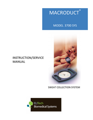TABLE OF CONTENTS section 1INTRODUCTION 1.1 1.2 1.3 1.4 1.5 1.6 1.7 User's Manual Overview ... 3 To Our Valued Customers ... 4 Important User Information ... 5 System Components... 6 Webster Sweat Inducer ... 8 Pilogel® Iontophoretic discs ... 12 Macroduct Sweat Collector ... 16 section 2 SWEAT INDUCTION AND COLLECTION 2.1 Inducing Sweat... 21 2.2 Collecting Sweat ... 27 2.3 Abbreviated Instructions... 33 2.4 Information for Parents... 34 section 3 SWEAT ANALYSIS 3.1 An overview to Sweat Analysis ... 37 iii