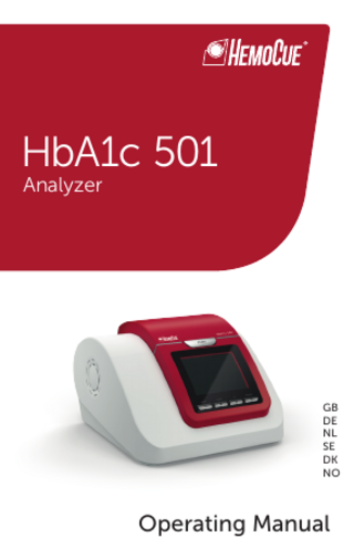 TABLE OF CONTENTS 2  2. GENERAL INFORMATION  2  3. PRINCIPLES OF OPERATION  2  4. HemoCue® HbA1c 501 Analyzer CONTENTS  3  5. STORAGE INSTRUCTIONS  4  6. DEVICE DESCRIPTION  4  7. LIST OF ICONS  5  8. INSTALLATION  6  9. OPERATION  7  10. ANALYZER SET UP  8  11. RUN a HbA1c TEST  10  12. REVIEWING RESULTS  16  13. SYSTEM CHECK  17  14. OPTIONS  26  15. PRODUCT LIST  31  16. TROUBLESHOOTING  32  17. SPECIFICATION  34  18. MAINTENANCE  35  19. SAFETY  36  20. DISPOSAL  36  21. PRECAUTION  37  22. SYMBOLS & DESCRIPTIONS  39  1  GB  1. INTENDED USE  