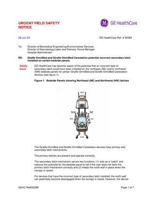 Giraffe OmniBed and Giraffe OmniBed Carestation Urgent Field Safety Notice