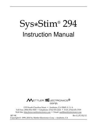 Sys Stim 294 Instruction Manual Rev E July 2012