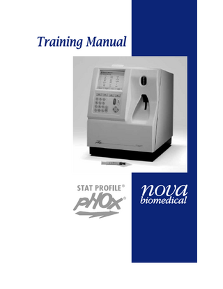 Table of Contents Stat Profile pHOx Training Manual QUICK REFERENCE Key Facts (pHOx) ... QR-1 Maintenance Planner ... QR-2 Resolving Results Problems ... QR-3 Key Facts (BioProfile pHOx)... QR-4 Preface Stat Profile pHOx Customer Training Programs ... i Learning Objectives ... ii 1 System Identification ... 1-1 1.1 1.2 System Overview ... 1-1 Flow Overview ... 1-3 1.2.1 Reagents ... 1-3 Flow Components ... 1-3 1.3.1 Reagent Pack ... 1-3 1.3.2 Reagent Harness ... 1-4 1.3.3 Pinch Valves... 1-4 1.3.4 Peristaltic Pump ... 1-4 1.3.5 Sampler Assembly - Sample Probe ... 1-4 1.3.6 Sensor Module ... 1-5 1.3.7 Sensors ... 1-5 1.3.8 Reference Electrode ... 1-6 1.3.9 Sensor Blanks ... 1-6 1.3.10 Interconnect Tubing ... 1-6 1.3.11 Barometric Pressure Module ... 1-6 1.3.12 Pump Tubing ... 1-7 1.3 2 Running an Analysis ... 2-1 2.1 2.2 2.3 2.4 2.5 2.6 Is the Instrument Ready for Analysis? ... 2-1 2.1.1 Home Screen ... 2-1 Patient Samples - Acceptable Samples/Sample Handling ... 2-1 2.2.1 Acceptable Samples ... 2-1 2.2.2 Acceptable Anticoagulants ... 2-2 2.2.3 Syringe Handling Tips ... 2-2 2.2.4 Capillary Handling Tips ... 2-3 2.2.5 Sample is Presented and Analysis Occurs ... 2-3 Sample Information ... 2-4 Results Screen and Printout ... 2-4 Running an Analysis Exercise ... 2-4 Standby Mode ... 2-4 PN 24302 Rev. B 7/2001 TOC-1