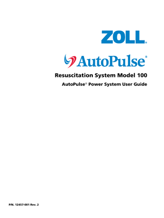 Power System User Guide  Table of Contents  0  Figures ...v Tables ...vi Preface ...vii Who Should Read this Guide ...vii General Warnings and Precautions ...vii Symbols ...ix 1 Introduction of the AutoPulse Power System ...1-1 1.1 Recommended Battery, Charger and AutoPulse Ratios ...1-2 2 AutoPulse Li-Ion Battery ...2-1 2.1 Expected AutoPulse Li-Ion Battery Life ...2-2 2.2 Handling New AutoPulse Li-Ion Batteries ...2-2 3 AutoPulse NiMH Battery ...3-1 3.1 Expected AutoPulse NiMH Battery Life ...3-2 3.2 Handling New AutoPulse NiMH Batteries ...3-2 4 The AutoPulse Multi-Chemistry Battery Charger ...4-1 4.1 Setting Up the AutoPulse Multi-Chemistry Battery Charger ...4-1 4.2 Operating the AutoPulse Multi-Chemistry Battery Charger ...4-2 4.2.1 AutoPulse Multi-Chemistry Battery Charger Test-Cycle mode ...4-5 5 Using the AutoPulse Battery ...5-1 5.1 AutoPulse Li-Ion Battery Status Check ...5-1 5.2 AutoPulse Li-Ion Battery Installation ...5-2 5.3 AutoPulse NiMH Battery Status Check ...5-3 5.4 AutoPulse NiMH Battery Installation ...5-4 5.5 Battery Rotation ...5-6 6 Managing the AutoPulse Power System ...6-1 6.1 AutoPulse Battery Management ...6-1 6.2 AutoPulse Battery Maintenance ...6-1 6.2.1 Cleaning the AutoPulse Battery ...6-1 6.2.2 AutoPulse Battery Inspection ...6-2 6.2.3 Storing AutoPulse Batteries ...6-2 6.2.4 Reaching the End of AutoPulse Li-Ion Battery Service Life ...6-3 6.2.5 Reaching the End of AutoPulse NiMH Battery Service Life ...6-3 6.2.6 Disposing of AutoPulse Batteries ...6-3 7 AutoPulse Multi-Chemistry Battery Charger Maintenance ...7-1 7.1 Cleaning the AutoPulse Multi-Chemistry Battery Charger ...7-1 P/N. 12457-001 Rev. 2  Page iii  